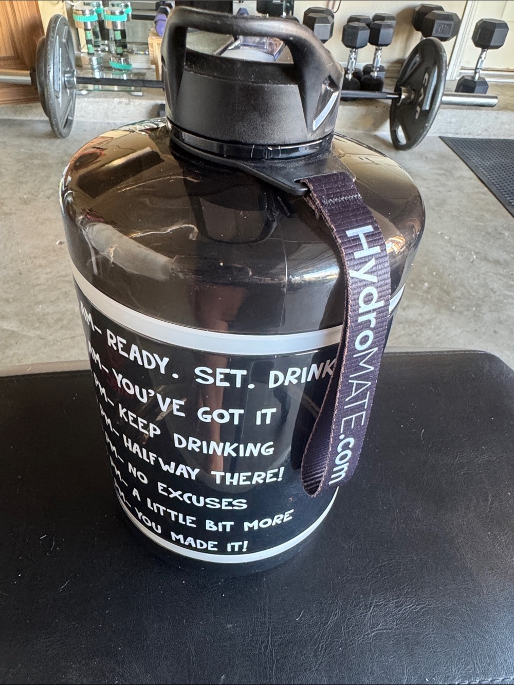 HYDRO MATE Black Water Jug with White Text and Black Strap - HydroMate Style